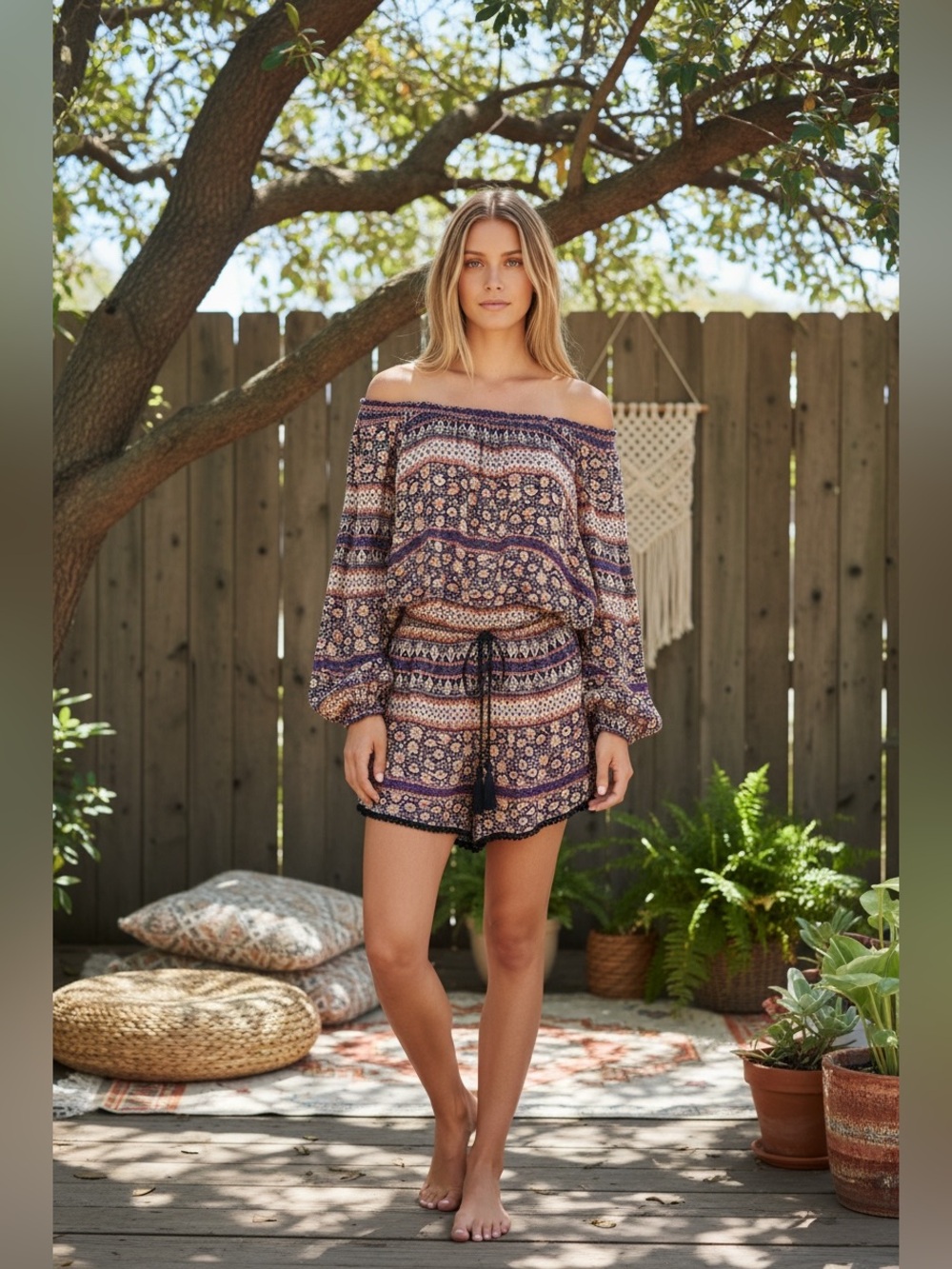 Band of Gypsies Navy, Peach and Cream Floral Knit Top